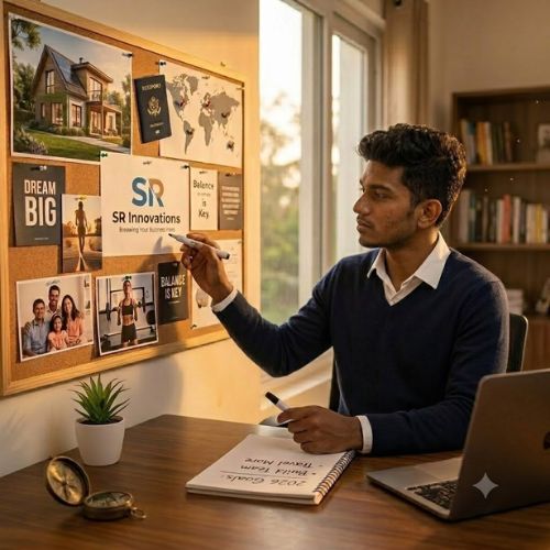 Person planning goals with a vision board.